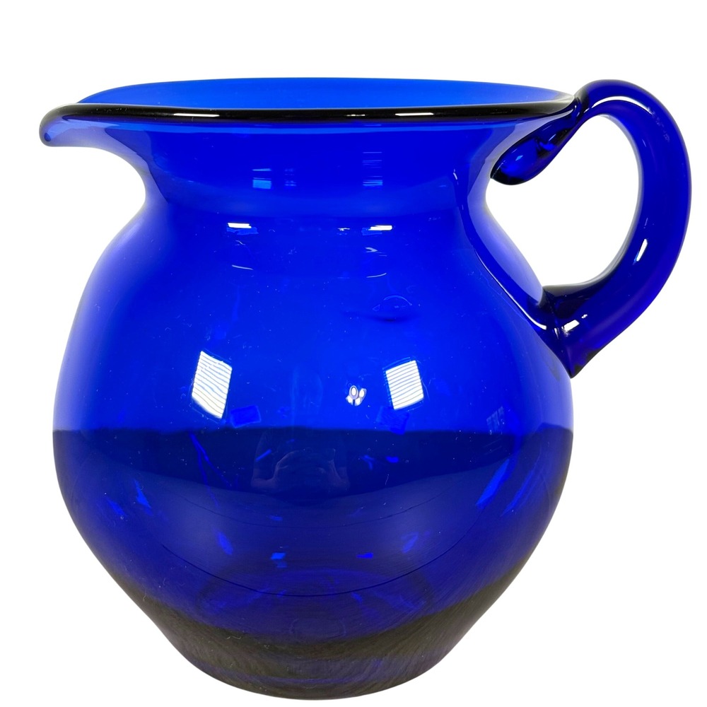 Blenko Cobalt Blue Glass Pitcher Signed 2005 Hand Blown 7.5in USA 2000s